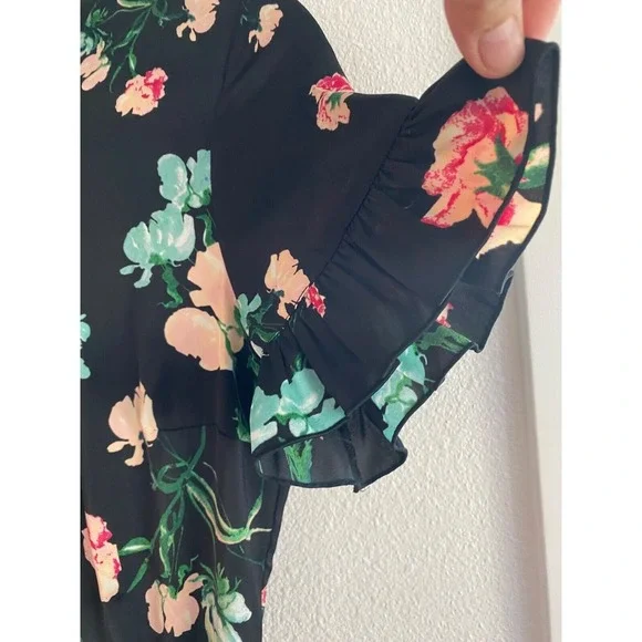 K / Lab Assymetrical Black Floral Dress Ruffle Boho Sz S‎ - Picture 9 of 10
